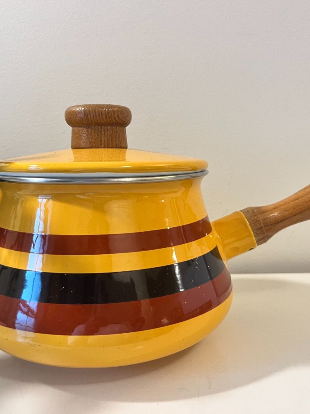 MCM Vintage Enamel Pot with Lid and Wooden Handle Levcoware Made in Japan